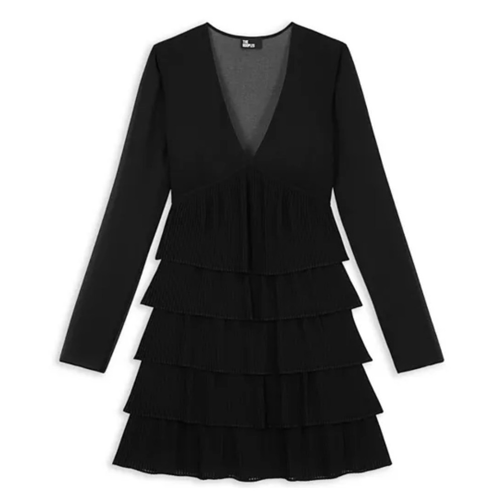New The Kooples Pleated Tiered Mini Dress FR 1/ US Small Goth‎ Dark Romantic LBD